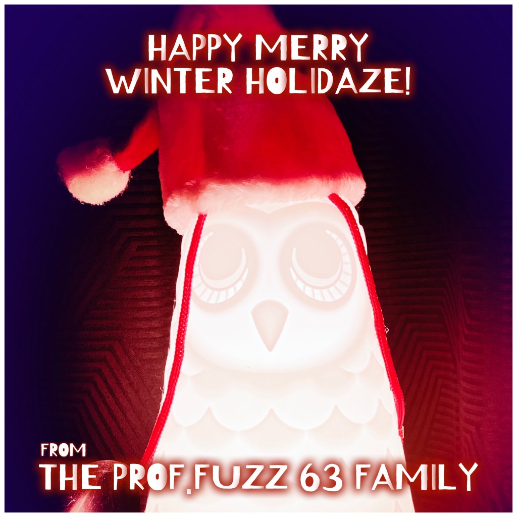 Owl lamp wearing Santa hat: 
Happy Merry Winter Holidaze from The Prof.Fuzz 63 Family!